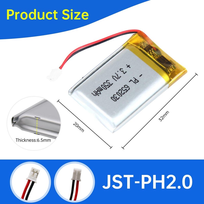 QIMAOO 652030 3.7V Lipo Battery 350mAh 652030 Rechargeable Lithium Polymer Battery Pack with JST PH2.0mm Connector for Electronic Device - Image 3